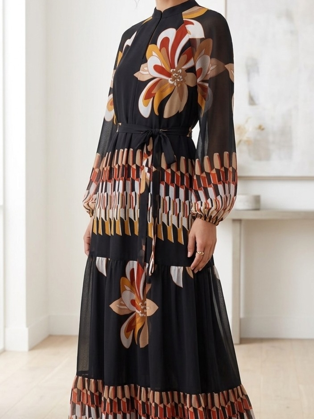 Maison Tara Black Maxi Dress with Rust and Cream Floral Print